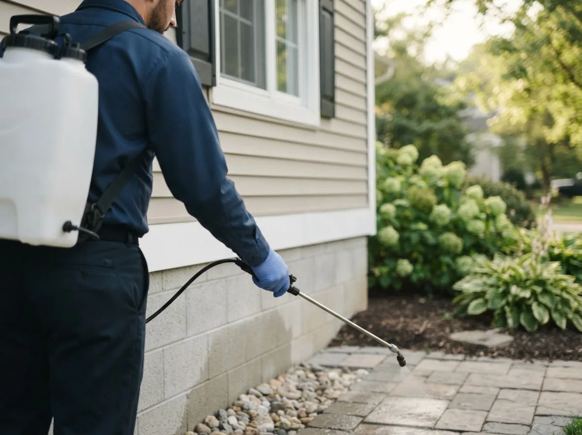 Pest control technician inspecting a home in Staples, TX
